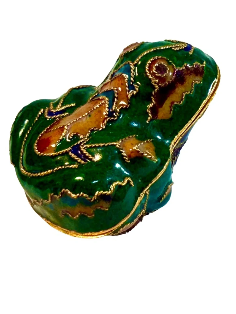 Vintage Cloisonne Green Enamel Frog Trinket Box, Blue Flower on Underside